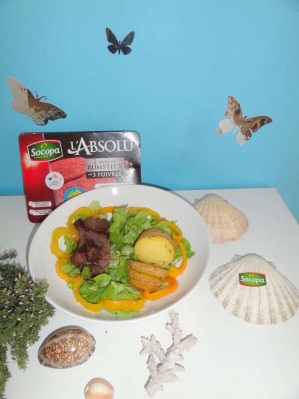Pavé de boeuf aux 3 poivres,pomme de terre à la suédoise,poivron sur un lit de salade