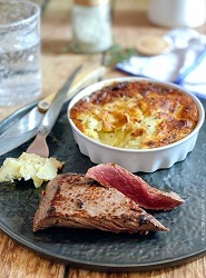 Pavés de rumsteck aux 3 poivres et son gratin de pommes de terre au Grana Padano